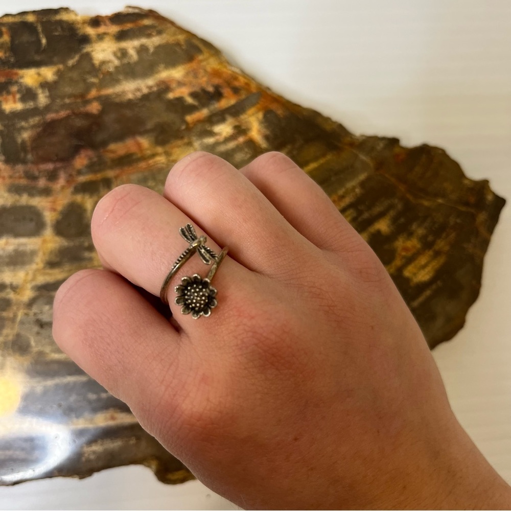 Sterling Silver Dragonfly Sunflower Adjustable Ring